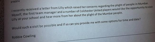 Typed reply from the owner of Colchester United offering to visit the school with the first team manager and players